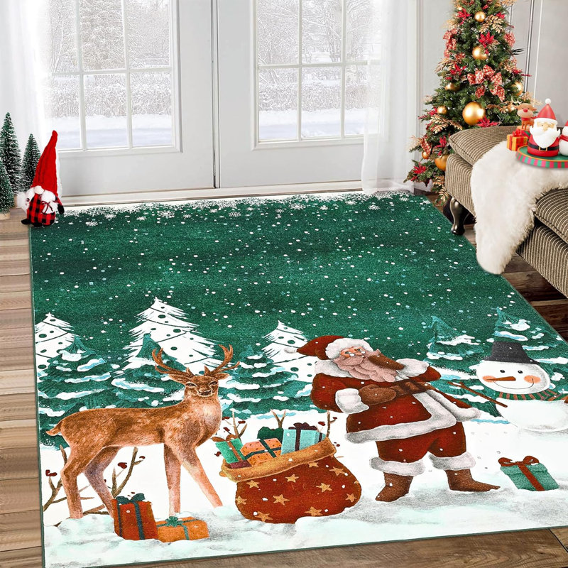 Machine Washable Christmas Area Rug for Living Room Xmas Santa Claus Rug Low Pile Non Slip Rug for Dining Room Kitchen Entryway Home Decor Christmas Decorations