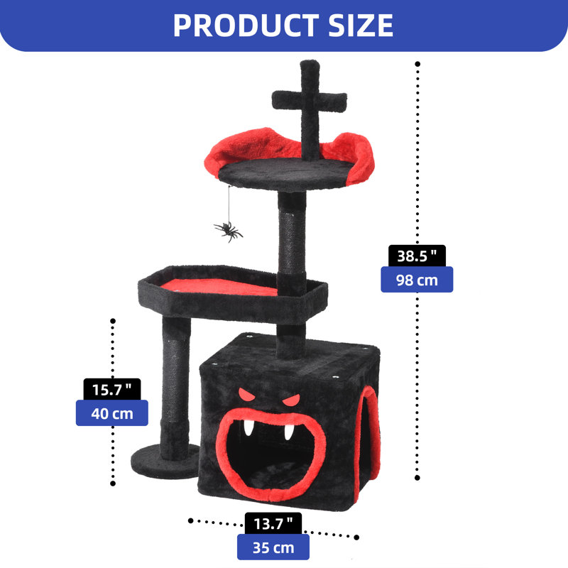 Gothic Black and Red Velvet Cat Tree Tower with Scratching Post