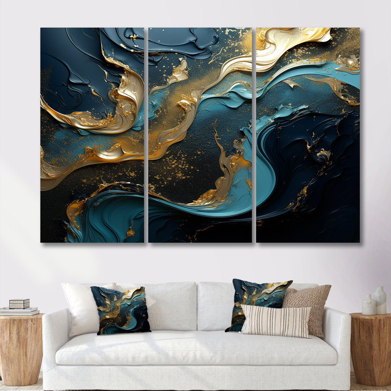 Ensemble de salon art mural liquide or turquoise et encre liquide, Toile tendue, H 32 po x l 48 po x P 1 po