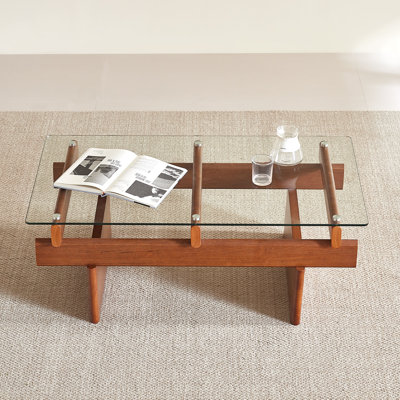 Glass Coffee Table for Living Room,100% Solid Wood Coffee Table with Rectangular Tempered Glass Top,Mid Century Modern Coffee Table,Walnut