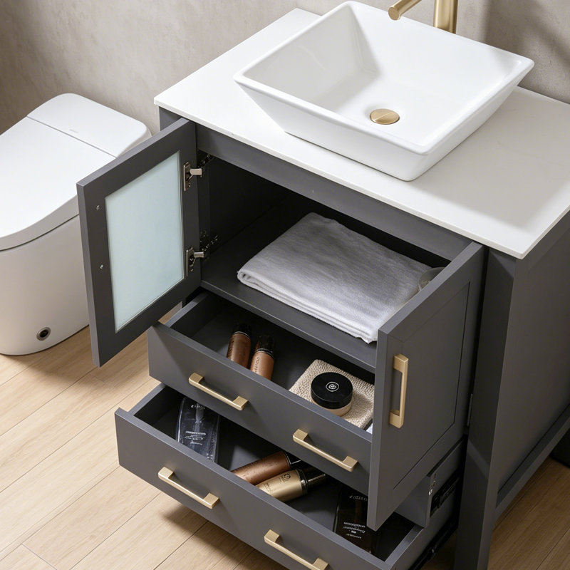 30" Grey Modern Freestanding Bathroom Vanity with White Ceramic Vessel Sink, Soft Close Drawers & Frosted Glass Doors