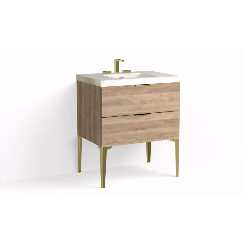 Avila 30" W Freestanding Single Bathroom Vanity with Dean Leg, Satin Brass, Gloss White/8" Widespread, Nocino
