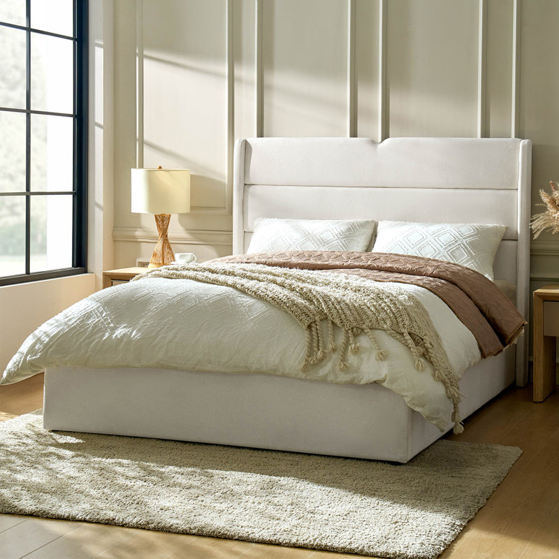 Gurpaige Lift Up Storage Upholstered Platform Bed with 53-inch Tall Headboard, Queen, White