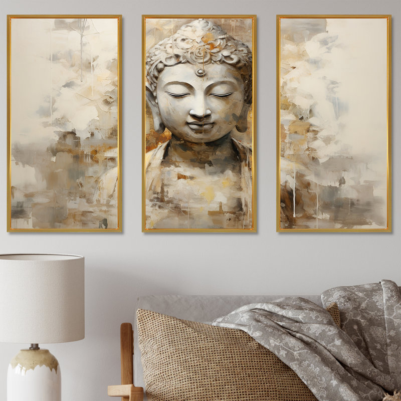 Ensemble d'art mural «bouddhisme» Tivona, Cadre flottant doré, H 40 po x l 60 po x P 1 po