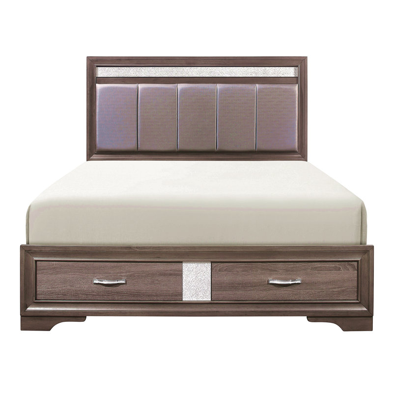 Grand lit plateforme avec tête de lit tapissier avec tiroirs de pied de lit, paillettes grises et argentées, mobilier de chambre contemporain