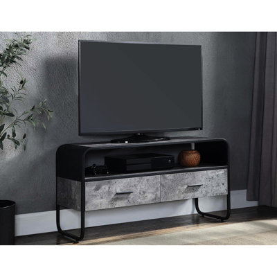 Meuble télé en métal avec 2 tiroirs de rangement, gris béton et noir, gamme de 40 à 49 pouces, 1/2 extension, compartiment ouvert, cadre de salon pour téléviseur, gris noir, zone principale idéale