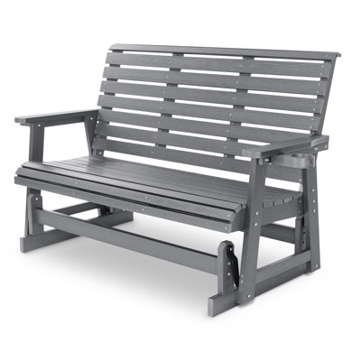HIPS Patio Glider with Cup Holders,Durable Poly Lumber Material, All-Weather Resistant,Horizontal backrest and Deep Contoured Seat,Heavy Duty 900 LB
