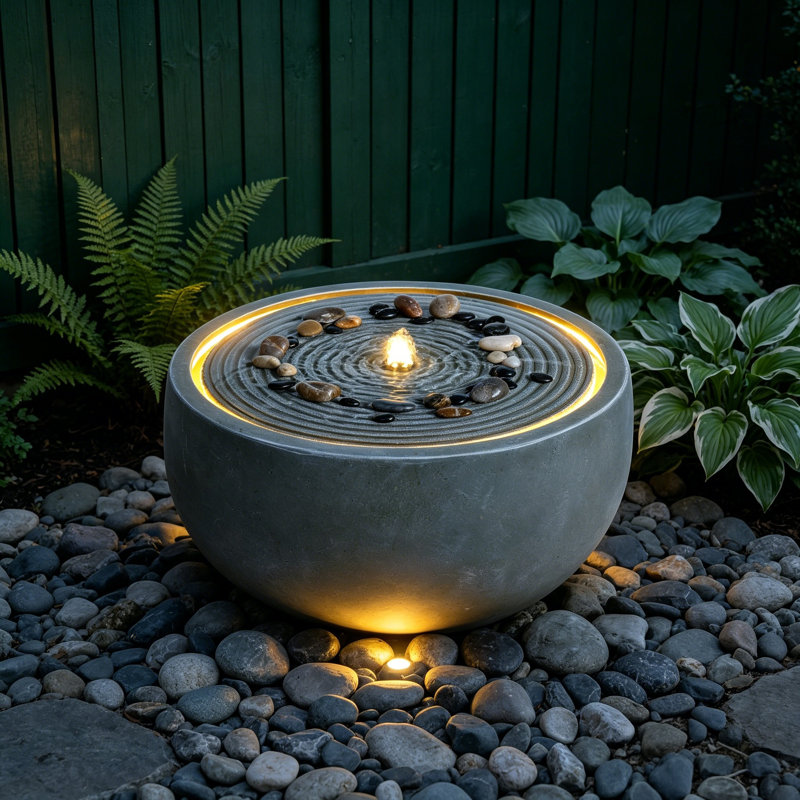 Fontaine d'extérieur avec lumières DEL chaudes, fontaine ronde en résine 12,2 po, Sarcelle