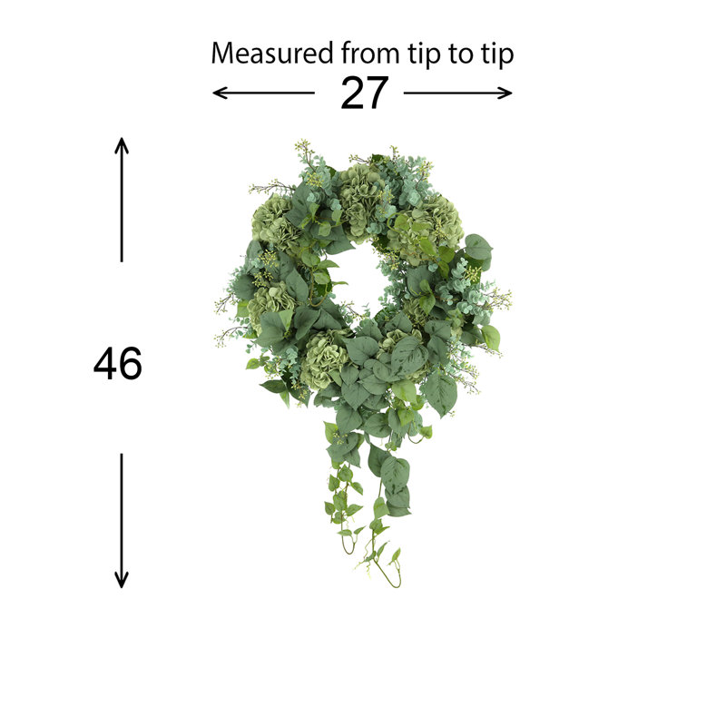 27" Wreath with Hanging Vines, Hydrangeas and Eucalyptus
