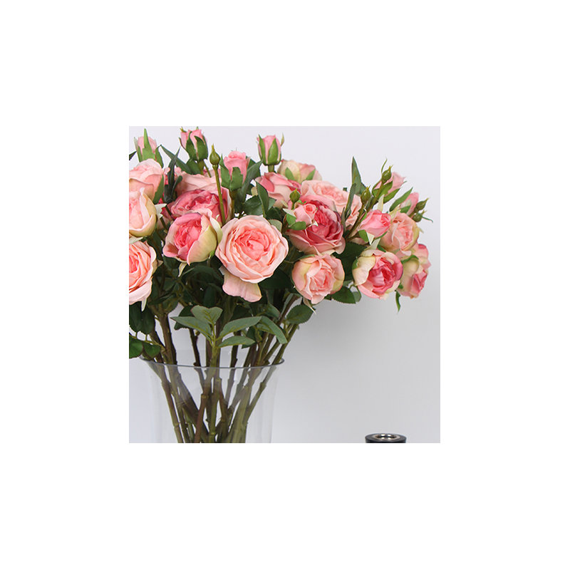 Tige de rose fleuri en soie, 3 tiges, Rose foncé