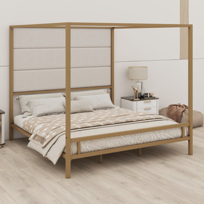 Canopy Platform Bed With Tall Linen Fabric Upholstered Headboard, Metal 4-Poster Canopy Bed Frame, Box Spring Needed