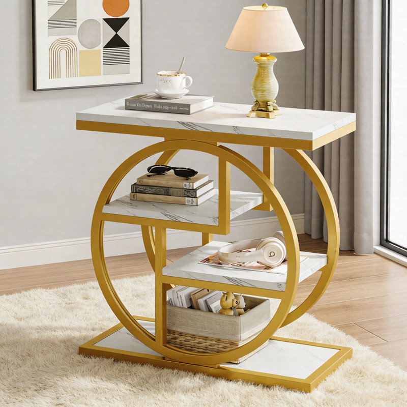 Table de bout en bois à 4 niveaux avec tablettes de rangement, table d'appoint étroite avec structure en métal industriel
