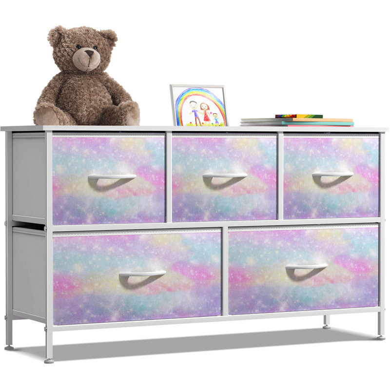  Dresser with 5 Drawers with Steel Frame, Wood Tops, and Fabric Bins, Yellow