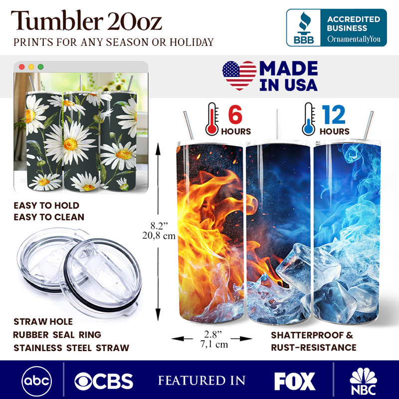 Gobelet personnalisé à motif de fleurs blanches avec couvercle 20 oz et paille en acier inoxydable