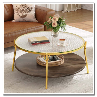 Table basse ronde en noyer à 2 niveaux avec plateau en verre et base dorée pour le salon
