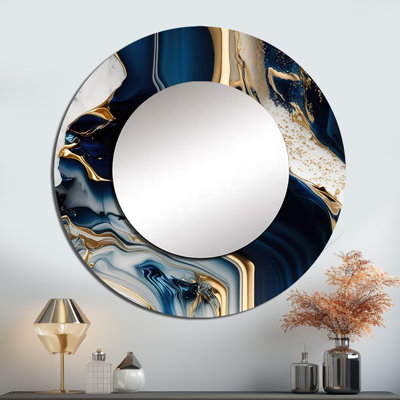 «Rahkim Abstract Geode Waves Blue V», miroir mural décoratif abstrait, miroir rond moderne, impression d'art en métal