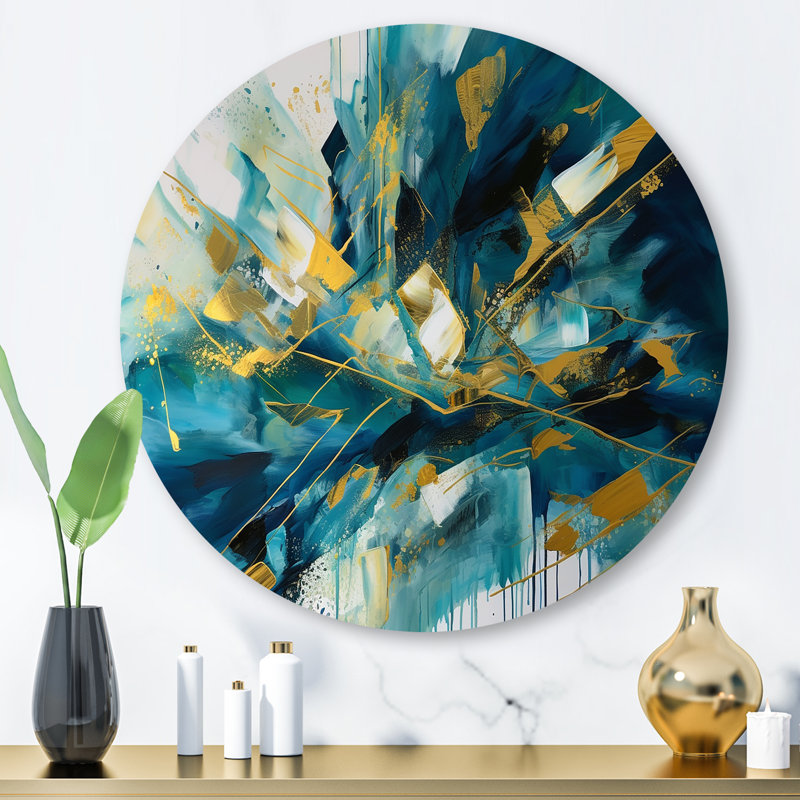 Golden Explosion Triangles V - Abstract Geometric Round Wall Art on Metal, 29" H x 29" W x 1" D