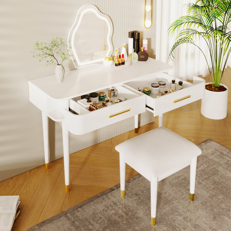 40" Modern Vanity Table Set With Mirror Touch Screen Lighted Mirror, Dressing Table And Cushioned Stool Set With 2 Large Drawers, White