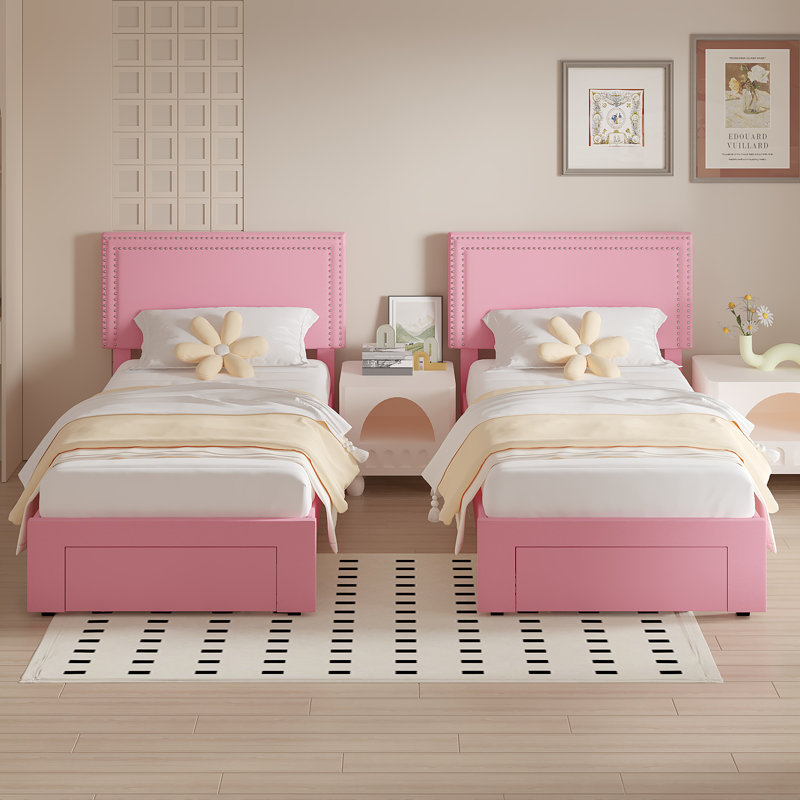 Set Of 2 Twin Size Storage Beds With Adjustable Upholstered Nailhead Trim Headboards And Storage Drawers, Wood Platform Bed Frames