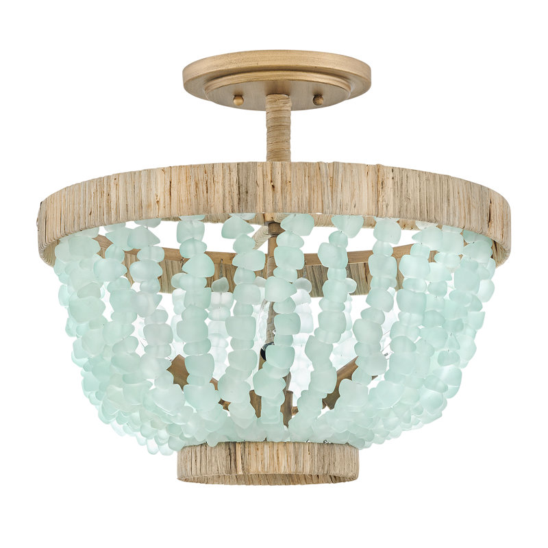 Burnished Gold Bohemian LED Bowl Light with Blue Sea Glass