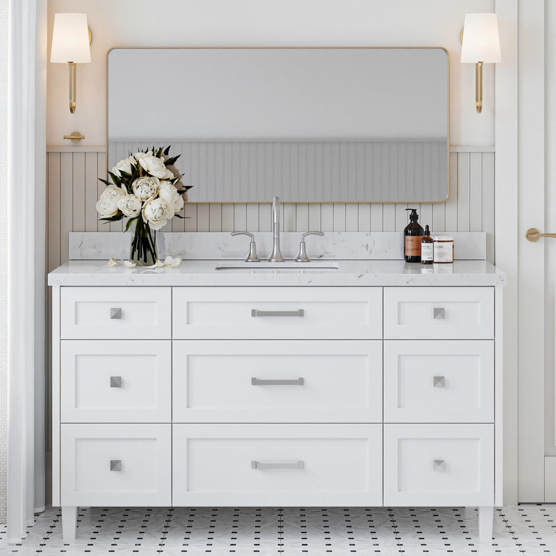 Meuble-lavabo simple 60 po ARIEL Monroe, Blanc, Carrara White Quartz, 60" - 61"