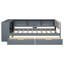 Lit plateforme simple en bois avec tablettes de rangement, tiroirs, station de charge et tête de lit tapissier, gris