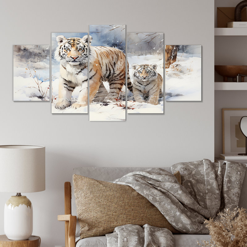 Décoration murale murale tigres blancs jouant dans la neige III - tigre