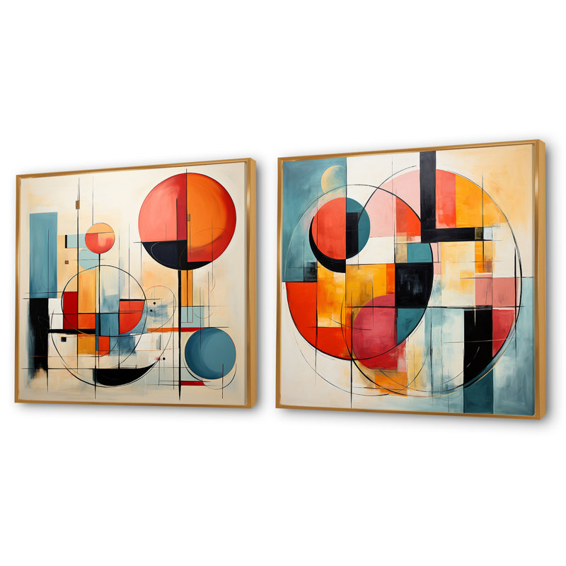 "Harmonie Mid-Century orange et géométrique" - 2 pièces, Cadre flottant doré, H 30 po x l 61 po