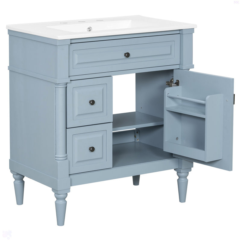Meuble-lavabo de 30 po avec lavabo, armoire de salle de bain autoportante gris-bleu avec tiroir rabattable et tablette réglable, structure en bois d'hévéa massif, panneaux de fibres à densité moyenne et poignées en métal