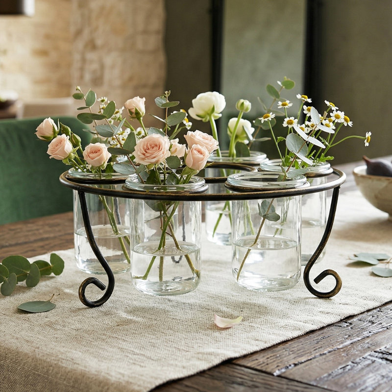 Rustic Modern Floating Candle Holder Table Centerpiece for Dining Room, Kitchen, Coffee Tables, 6-Cup, Round