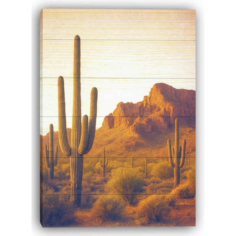 Cactus désertique sur toile de bois rustique, H 24 po x l 16 po