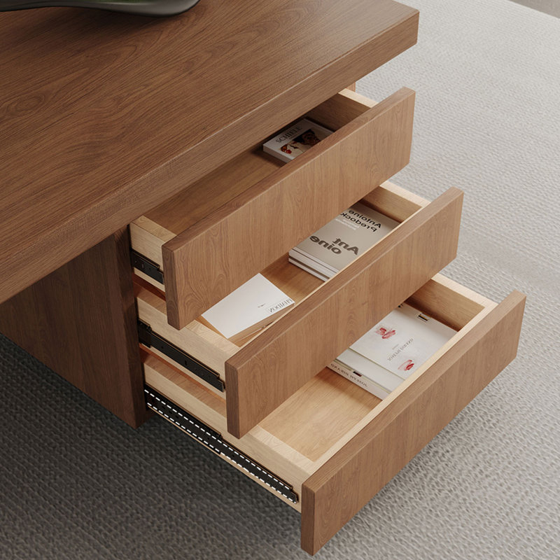 Bureau rectangulaire brun en bois massif avec 3 tiroirs, H 29,53 po x l 86,61 po x P 31,5 po