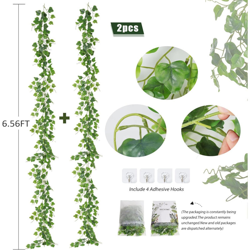 Artificial Vines Ivy Garland 2Pcs 6Ft Fake Hanging Twigs Plants Faux Green Grape Leaves Greenery for Indoor Outdoor Home Office Garden Wedding Jungle Beach Birthday Party Arch Table Decor