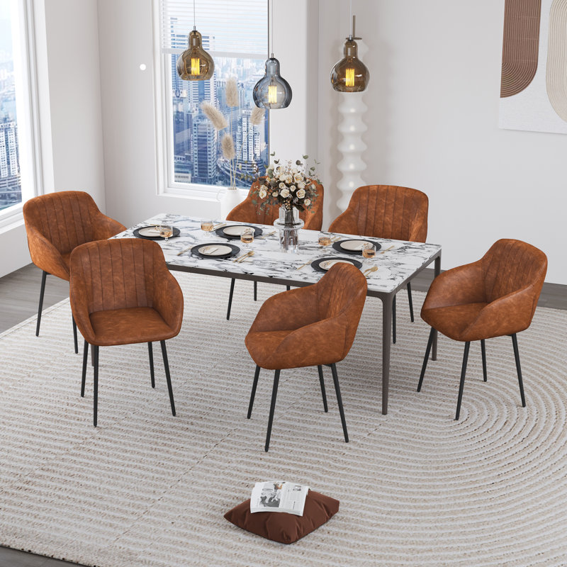 Modern Faux Leather Upholstered Dining Chairs with Metal Legs, Light Brown PU, 6