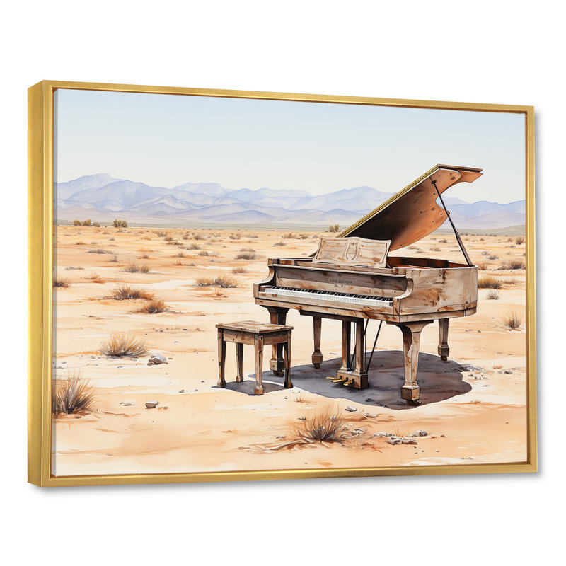 Desert Piano Melody II - Piano, art mural, Cadre flottant doré, H 34 po x l 44 po x P 1,5 po