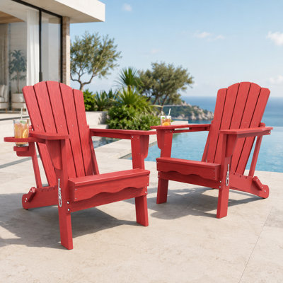 Chaise Adirondack pliante rouge en plastique HDPE résistant aux intempéries avec porte-gobelet pour patio et jardin (lot de 4)