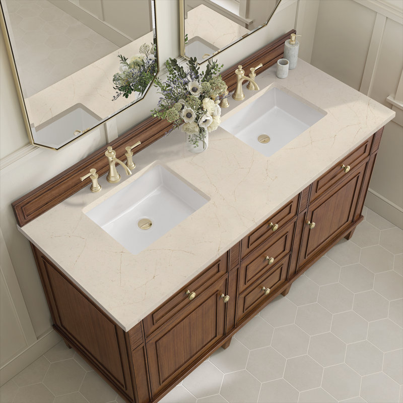 Lorelai 60'' W Double Vanity, Mid-Century Walnut, Carrara White, 8" Widespread