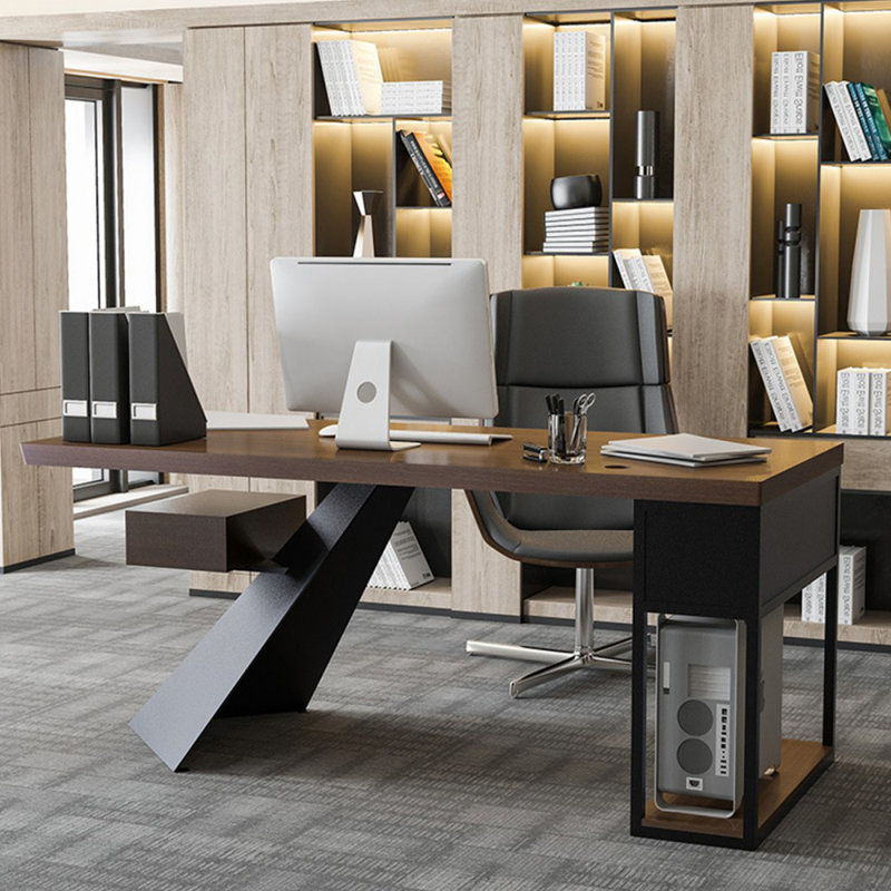 Dark-brown+Black Rectangular Solid Wood+Iron desks, Left Hand Return, 29.53" H x 62.99" W x 27.56" D