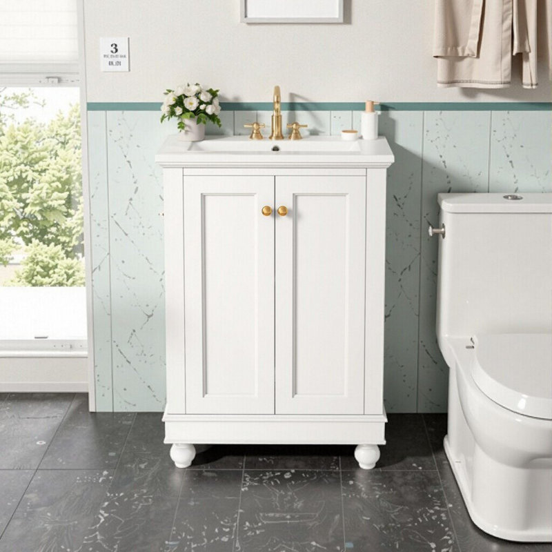 Meuble-lavabo simple 24 po avec lavabo en céramique, tablette ouverte, 2 tiroirs 24 po, White
