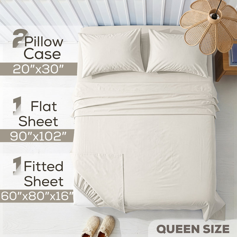 Ensemble de draps en percale 100% coton lavé - comprend 1 drap plat, 1 drap-housse et 2 taies d'oreiller, Beige