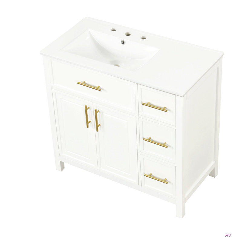 Meuble-lavabo 36 po avec comptoir d'évier, meuble-lavabo avec deux portes et trois tiroirs, bois massif, panneaux de fibres à densité moyenne, un paquet
