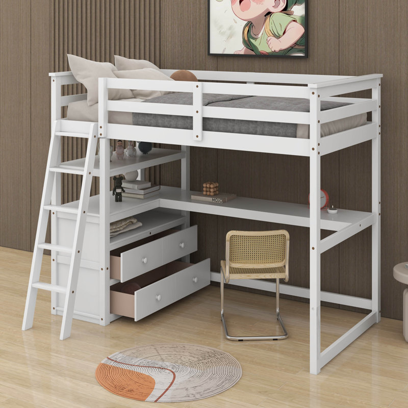 Lit mezzanine simple avec bureau et tablettes, Blanc