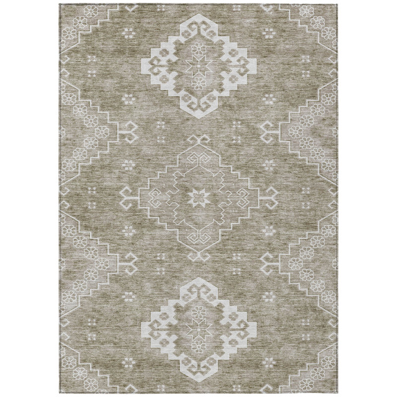 Tapis intérieur / extérieur 3 pi x 5 pi beige et ivoire à motif de médaillon lavable