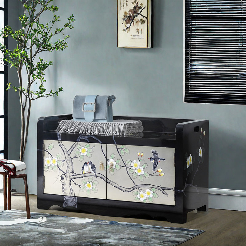Hand Drawn Flower And Bird Shoe Changing Stool 8 Pair Shoe Storage Bench