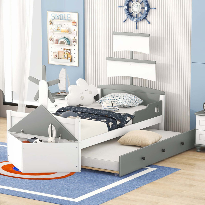 Lit plateforme simple avec couchette et rangement pour chambre Aingeru, Gris