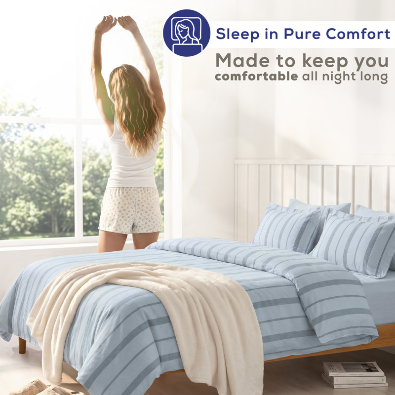 Ensemble de housse de couette 100% coton lavé American, Housse de couette double + 2 grandes taies décora, Bleu