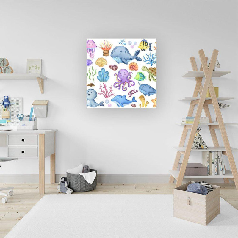 Children'S Sea Life - Wrapped Canvas Print, 16cm H x 16cm W x 3.8cm D