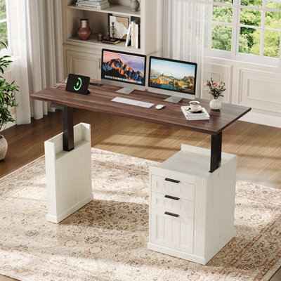 Bureau debout électrique avec classeur Farmhouse, bureau d'ordinateur réglable en hauteur avec 3 tiroirs et prises de courant, bureau debout pour le bureau, bureau