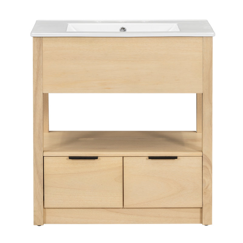 Natural Wood 30" Bathroom Vanity Cabinet with Ceramic Sink