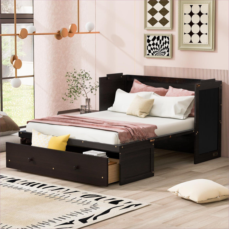 Lit escamotable pliant en bois massif brun massif avec ports USB intégrés et grand tiroir de rangement pour les petits espaces de vie et les chambres d'amis